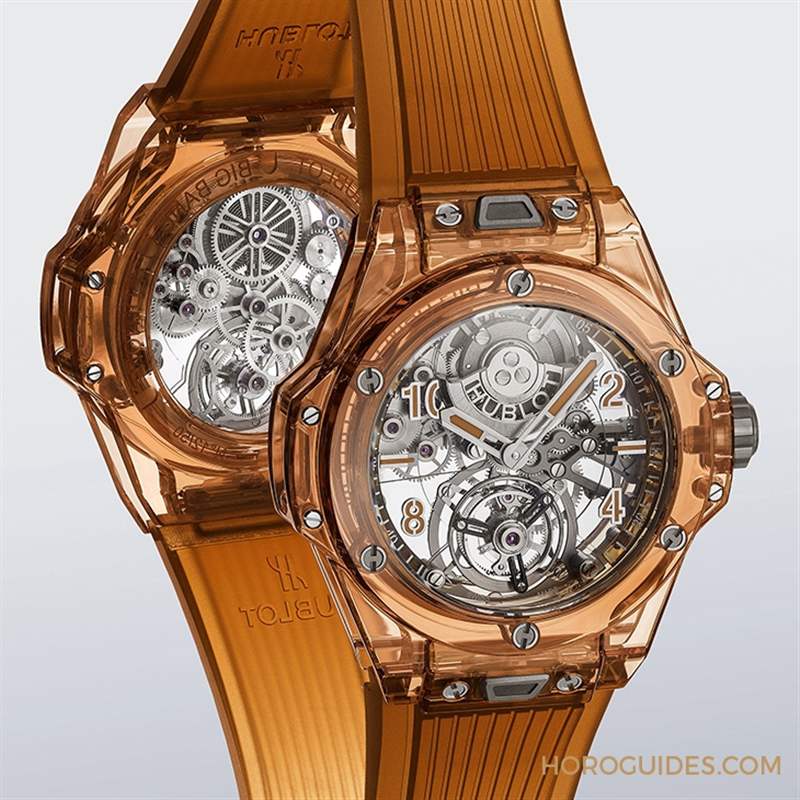 2021 LVMH鐘表周速報|HUBLOT冰橙藍寶石陀飛輪自動上鏈腕表、陶瓷鏈帶計時碼表-復刻表