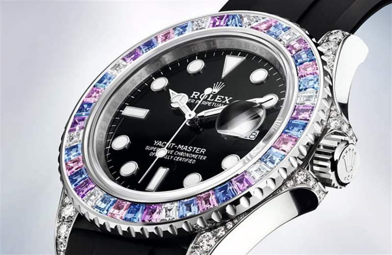 Rolex Yacht-Master彩虹圈手表表殼鑲上彩色寶石、鉆石低調奢華-復刻表
